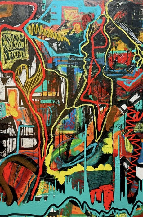 Derailed, 2024, mixed media, 60 x 48 in. / 152.4 x 121.92 cm.
