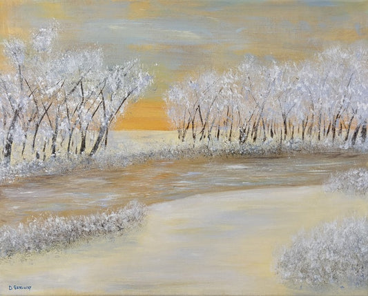 Wintry Dawn, 2026, acrylic on canvas, 16 x 20 in. / 40.64 x 50.8 cm.