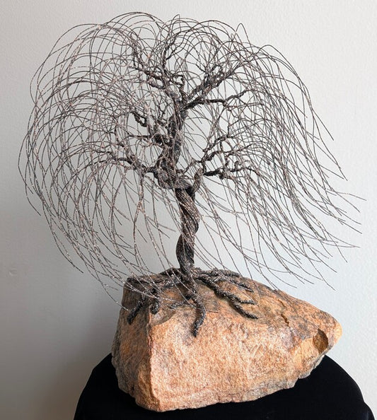 Kansas Willow, 2026, wire tree sculpture on stone, 10 x 12 x 10 in. / 25.4 x 30.48 x 25.4 cm.