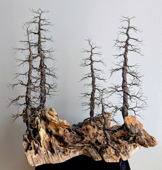 Mountainside Chaos, 2026, wire tree sculpture on wood, 11 x 12 x 10 in. / 27.94 x 30.48 x 25.4 cm.