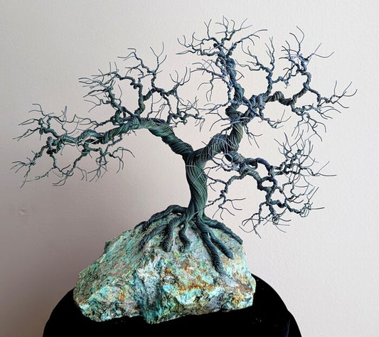 Tree Envy, 2026, wire tree sculpture on stone, 9 x 9 x 5 in. / 22.86 x 22.86 x 12.7 cm.