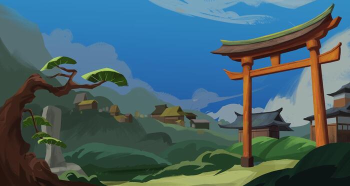 Japanese Village, 2023, digital media, 7 x 14 in. / 17.78 x 35.56 cm.
