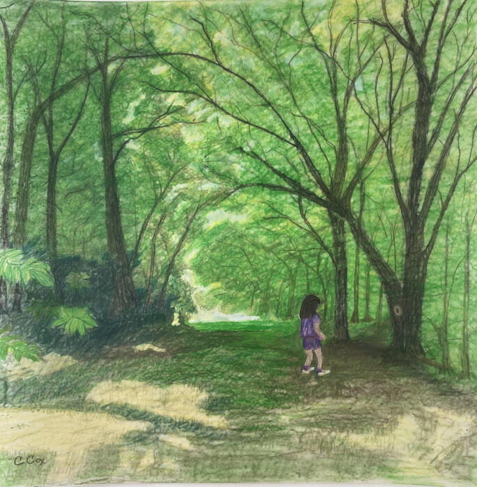 Exploring, 2026, colored pencil on grafix, 12 x 12 in. / 30.48 x 30.48 cm.