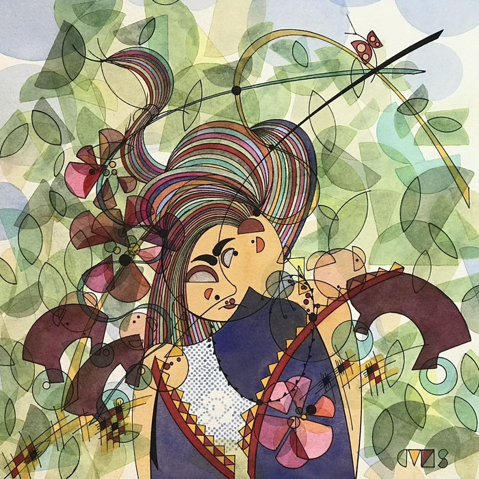 Frida Abstracted, 2021, watercolor and ink, 16 x 16 in. / 40.64 x 40.64 cm.
