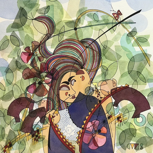 Frida Abstracted, 2021, watercolor and ink, 16 x 16 in. / 40.64 x 40.64 cm.