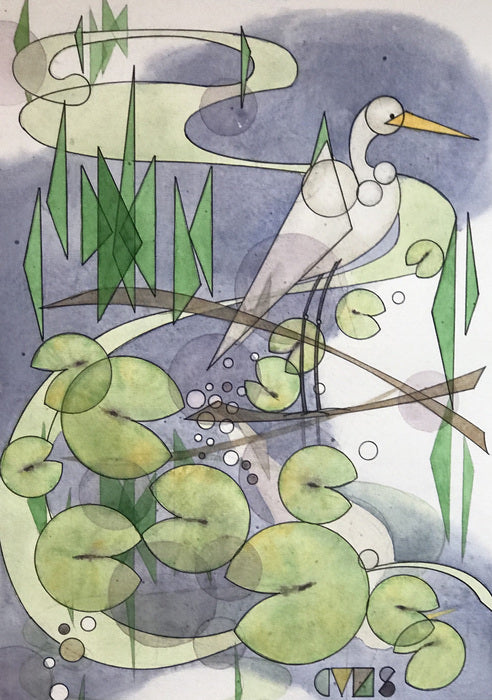 Lily Pads and Herron on a Reflecting Pond, 2021, watercolor and ink, 11 x 15 in. / 27.94 x 38.1 cm.