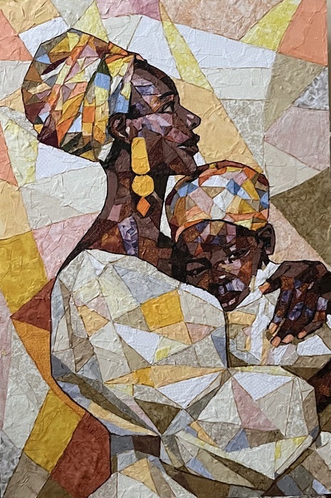 In Safe Hands 2, 2026, fine fabric collage on canvas board, 36 x 24 in. / 91.44 x 60.96 cm.