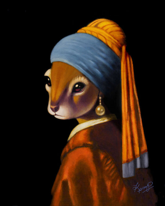 Squirrel with a Pearl Earing, 2025, oil on canvas, 20 x 16 in. / 50.8 x 40.64 cm.