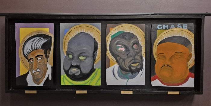 NYC Corner Men, 2022, acrylic, 21 x 52 in. / 53.34 x 132.08 cm.