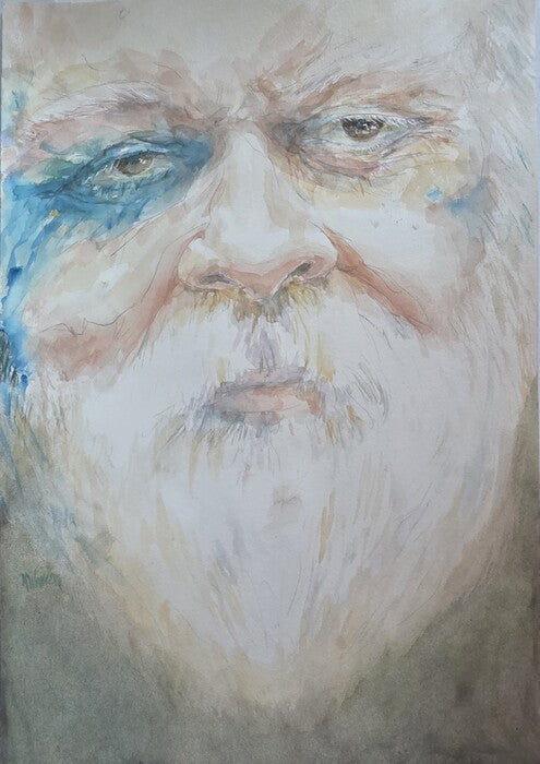 The Old Man and the Paint, 2026, watercolor on wood panel, 15 x 10 in. / 38.1 x 25.4 cm.