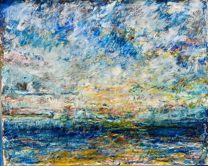 Yellow Sun Deconstructed in Blue, 2026, mixed media on canvas, 16 x 20 in. / 40.64 x 50.8 cm.