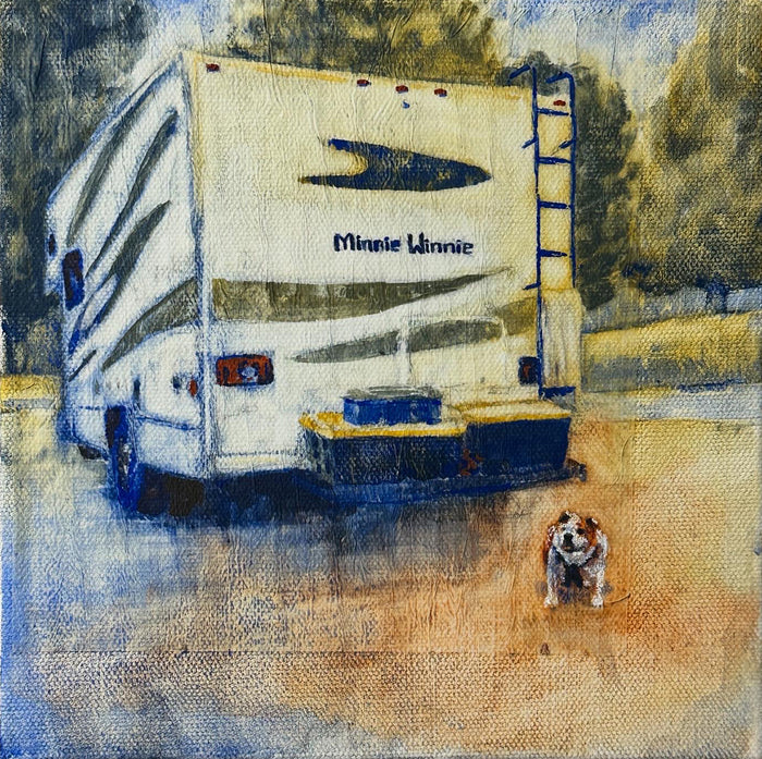 Minnie Winnie and the Road Hog, 2025, mixed watercolor on canvas, 8 x 8 in. / 20.32 x 20.32 cm.
