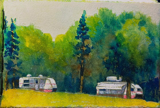 Neighbors, 2025, mixed watercolor on paper, 3.75 x 5.5 in. / 9.52 x 13.97 cm.