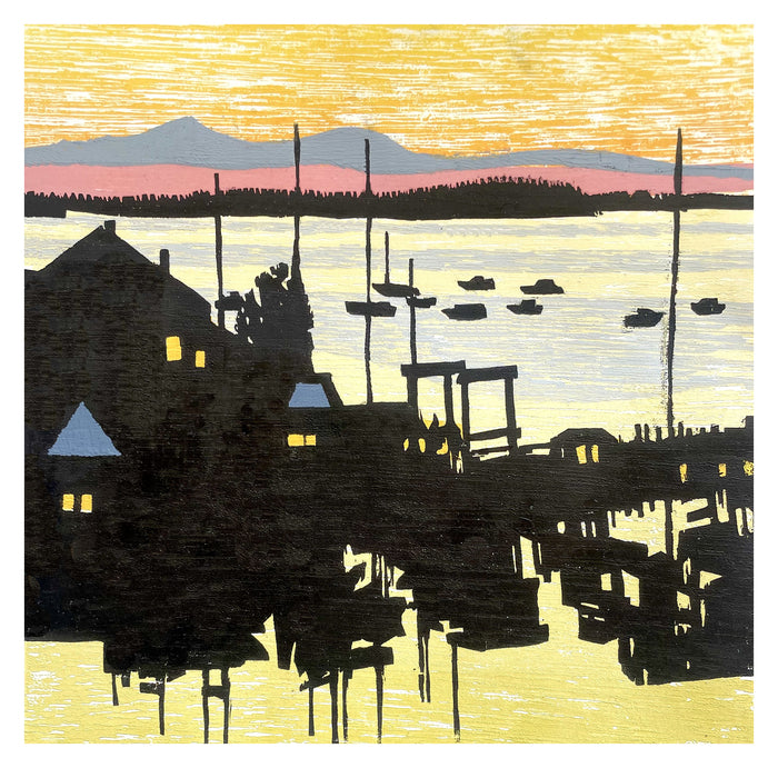 Camden Harbor, 2026, color woodcut, 8 x 8 in. / 20.32 x 20.32 cm.