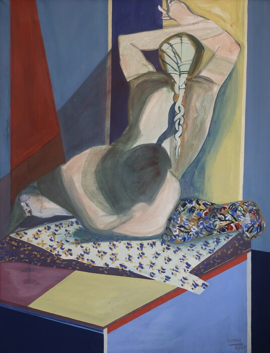 Seated back nude (Sitzender Rückenakt auf Stuhlflächen), 1983, egg tempura on canvas, 118 x 92 cm. / 46.4 x 36.2 in.