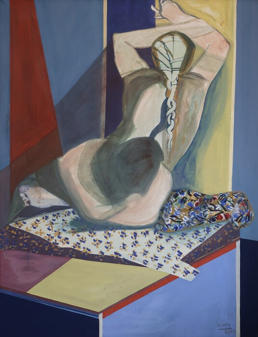 Seated back nude (Sitzender Rückenakt auf Stuhlflächen), 1983, egg tempura on canvas, 118 x 92 cm. / 46.4 x 36.2 in.