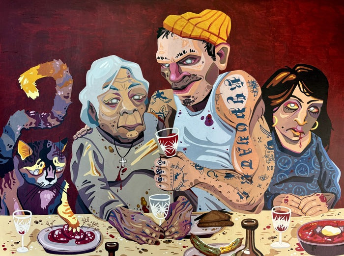 Normal People, 2026, acrylic on wooden board, 20 x 30 in. / 50.8 x 76.2 cm.