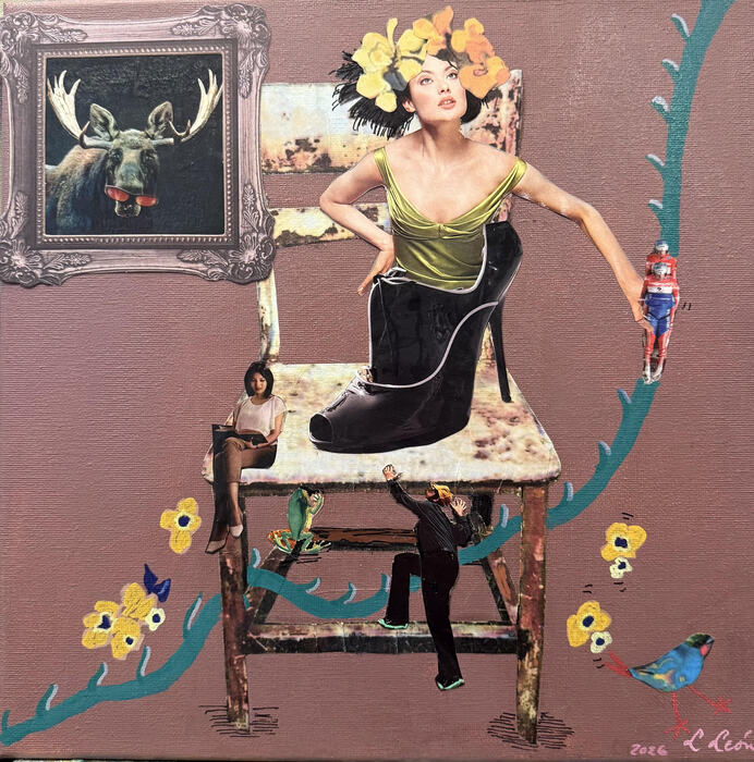 Sliding Away, 2026, mixed media, 24 x 18 in. / 60.96 x 45.72 cm.