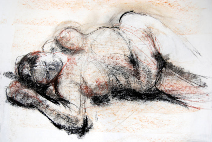 Reclining Female #142, 2021, charcoal and chalk pastel, 24 x 18 in. / 60.96 x 45.72 cm.