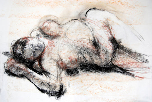 Reclining Female #142, 2021, charcoal and chalk pastel, 24 x 18 in. / 60.96 x 45.72 cm.
