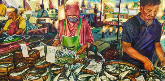 Fish Market Triad, 2024, oil on canvas, 24 x 48 in. / 60.96 x 121.92 cm.