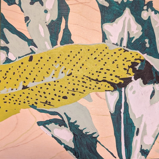 Bumps on a Leaf, 2025, mixed media on wood, 7 x 7 in. / 17.78 x 17.78 cm.