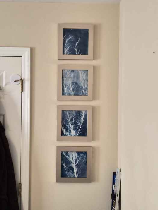 Reaching: Storm, 2025, cyanotype with hand-applied chemistry, 47 x 10 in. / 119.38 x 25.4 cm.