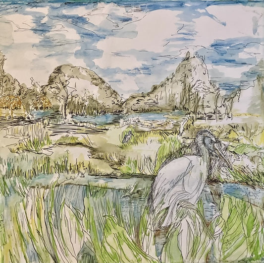 Wood Stork, 2026, mixed media on canvas, 20 x 20 in. / 50.8 x 50.8 cm.
