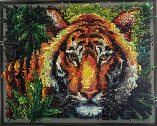 Waiting for Calvin, 2025, LEGO elements on wood, 40 x 50 x 7 in. / 101.6 x 127 x 17.78 cm.