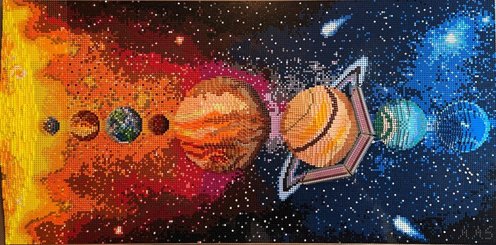 A Look Around the Neighborhood, 2023, LEGO elements on wood, 40 x 81 x 6 in. / 101.6 x 205.74 x 15.24 cm.