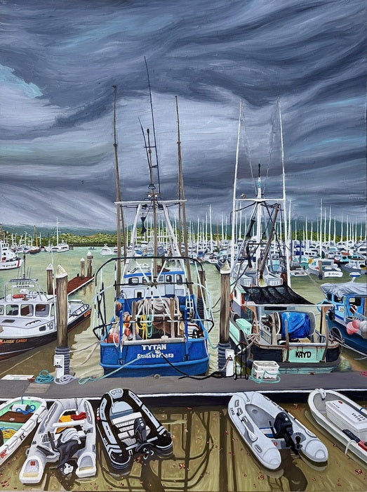 Rainy Day at Santa Barbara Harbor, 2026, oil on canvas, 48 x 36 in. / 121.92 x 91.44 cm.
