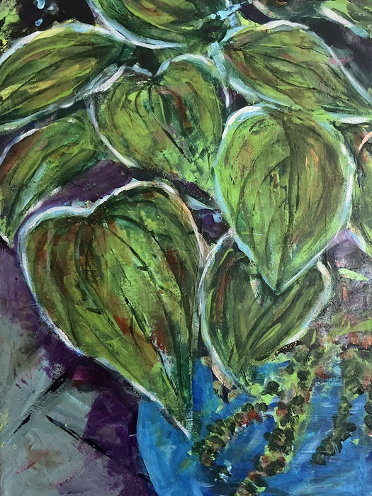 Hosta Plant in Blue Pot, 2025, acrylic, 20 x 16 in. / 50.8 x 40.64 cm.