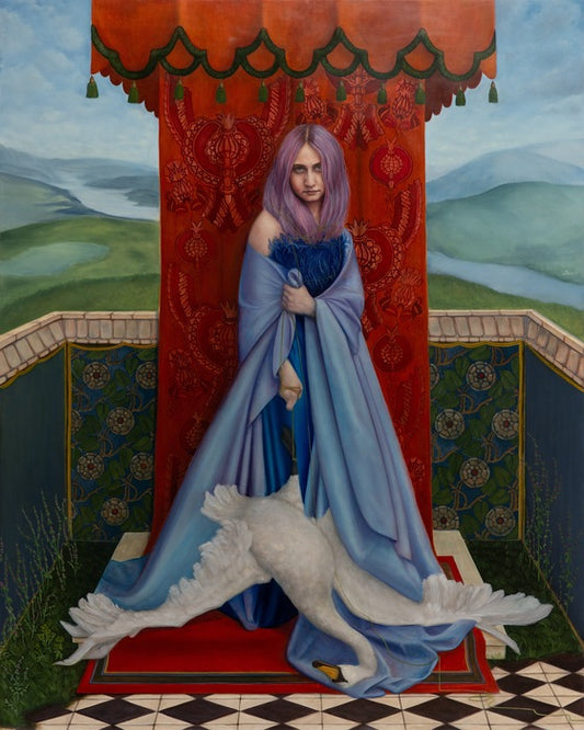 Young Woman and a Swan, 2026, oil on linen on panel, 50 x 40 in. / 127 x 101.6 cm.