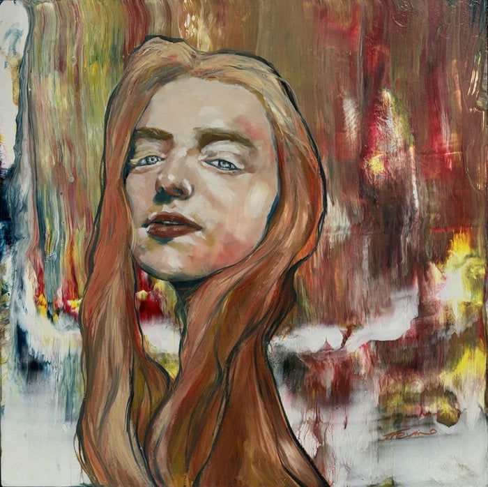 Memory of a Young Dancer, 2025, acrylic and oil on wood panel, 13 x 12 in. / 33.02 x 30.48 cm.