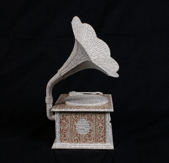 Antiquated Gramophone, 2026, sculpture and book art, 9 x 6.5 x 5 in. / 22.86 x 16.51 x 12.7 cm.