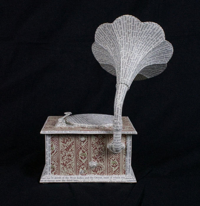 Antiquated Gramophone, 2026, sculpture and book art, 9 x 6.5 x 5 in. / 22.86 x 16.51 x 12.7 cm.