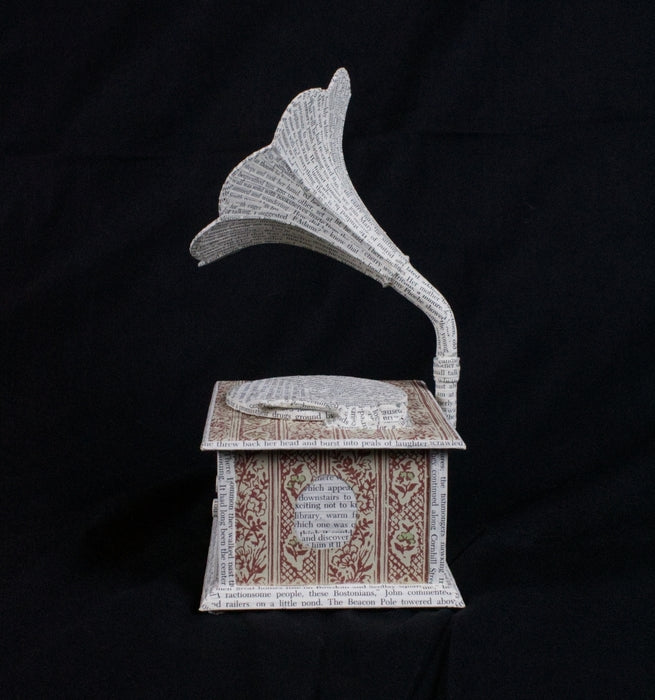 Antiquated Gramophone, 2026, sculpture and book art, 9 x 6.5 x 5 in. / 22.86 x 16.51 x 12.7 cm.