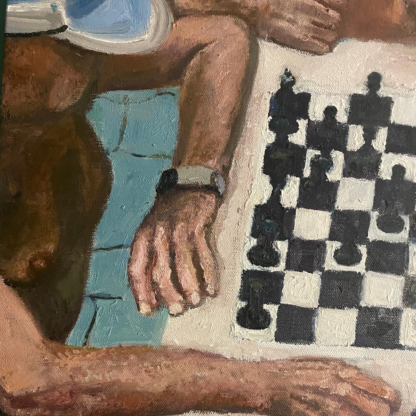 Chess at the Széchenyi Thermal Bath in Budapest, 2022, oil on canvas, 36 x 24 in. / 91.44 x 60.96 cm.