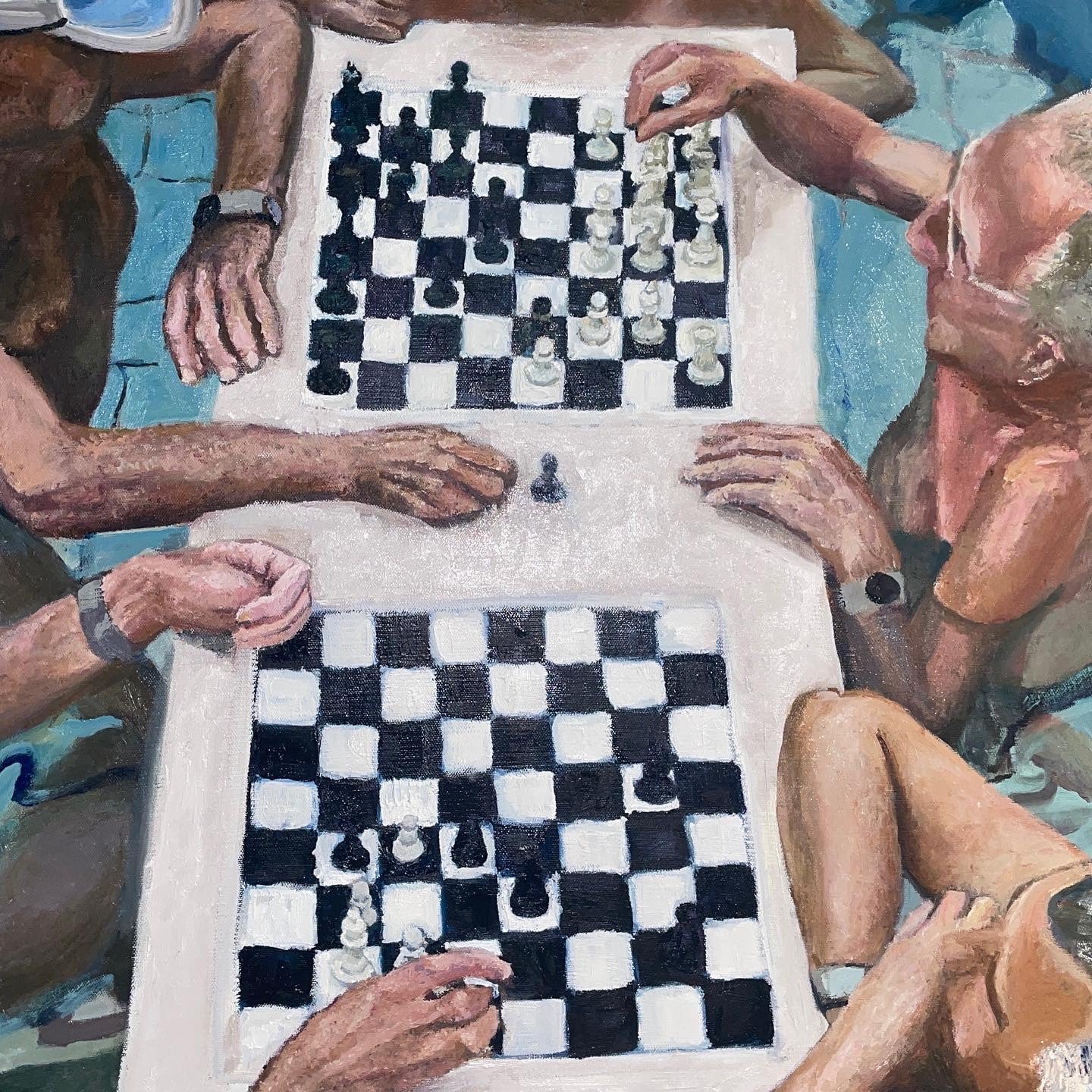 Chess at the Széchenyi Thermal Bath in Budapest, 2022, oil on canvas, 36 x 24 in. / 91.44 x 60.96 cm.