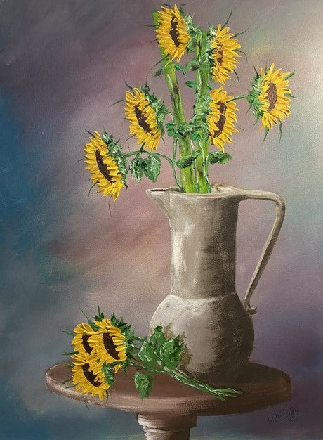 9 Sunflowers and a Vase, 2023, acrylic on canvas, 24 x 18 in. / 60.96 x 45.72 cm.