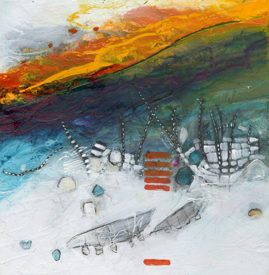 Along the Shore, 2023, watermedia, 30 x 30 in. / 76.2 x 76.2 cm.