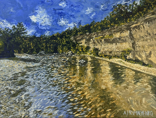 Conflicting Lines of Guadalupe River, 2023, oil on canvas, 30 x 40 in. / 76.2 x 101.6 cm.