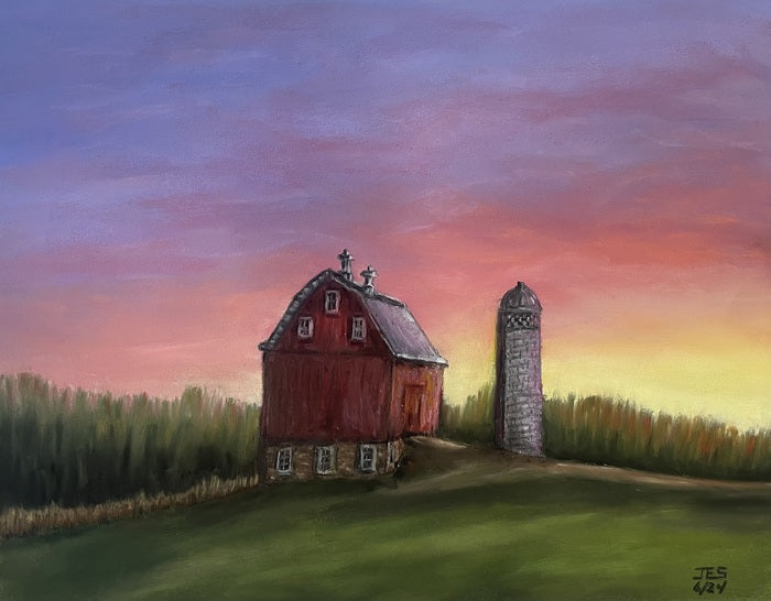 Arboretum Barn at Sunset, 2024, soft pastels, 11 x 14 in. / 27.94 x 35.56 cm.