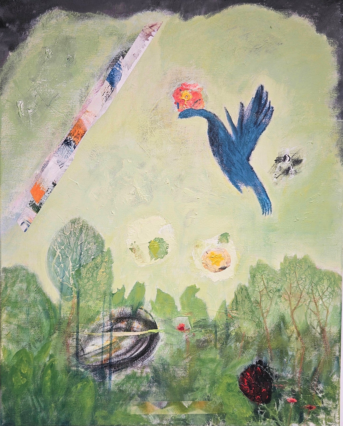 Auntie Flowerhat's Morning Flight, 2026, acrylic painting, 80 x 60 cm. / 31.4 x 23.6 in.
