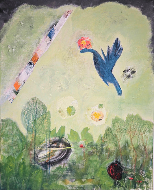 Auntie Flowerhat's Morning Flight, 2026, acrylic painting, 80 x 60 cm. / 31.4 x 23.6 in.