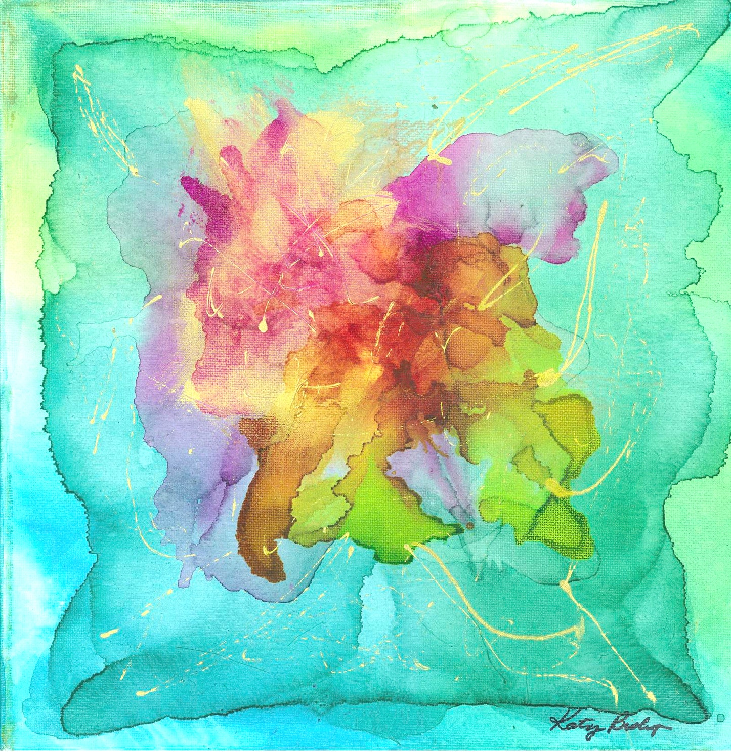 DIVE IN, 2025, alcohol ink on canvas, 12 x 12 in. / 30.48 x 30.48 cm.