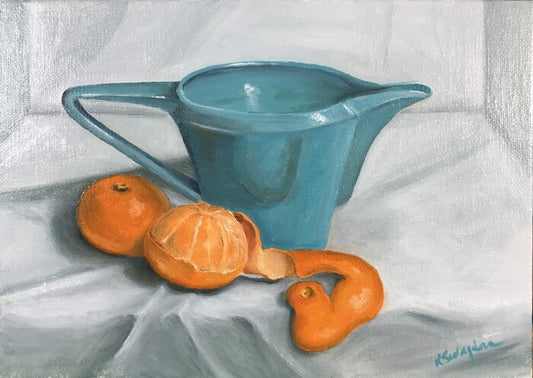 Blue Creamer with Tangerines, 2023, oil on linen panel, 5 x 7 in. / 12.7 x 17.78 cm.