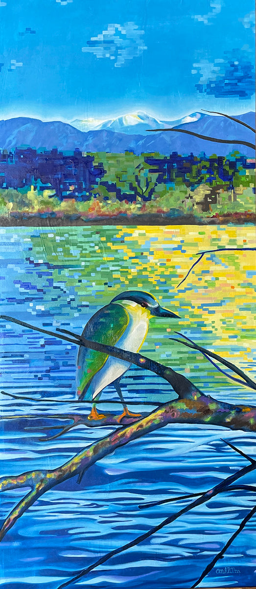 Blue Heron No. 1 - Electric Series, 2024, oil on masonite, 18 x 40 in. / 45.72 x 101.6 cm.