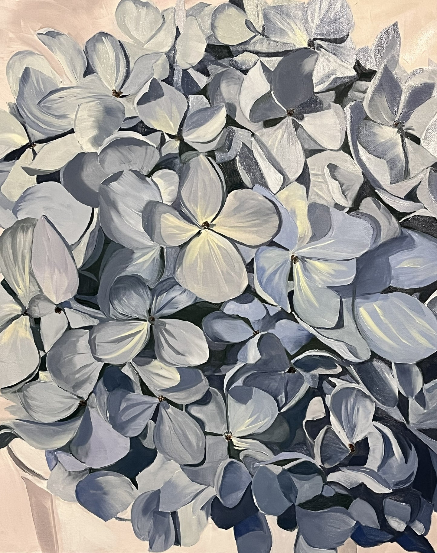 Blue Hydrangea 1, 2024, oil, 16 x 20 in. / 40.64 x 50.8 cm.