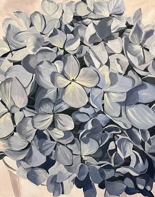 Blue Hydrangea 1, 2024, oil, 16 x 20 in. / 40.64 x 50.8 cm.